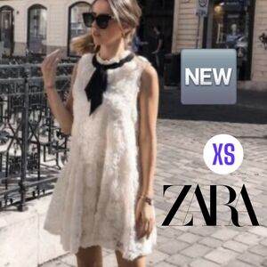 🆕️ NEW Zara Women Mini Ruffle Lace Contrasting Ivory Black Bow Classic Dress